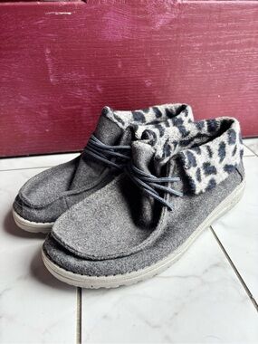 Hey Dude Gray Felt Moccasins with Leopard-Print Cuff